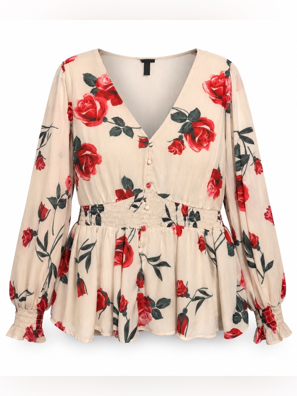 Torrid Floral Peplum V-Neck Long Sleeve Top - Cream with Red Roses